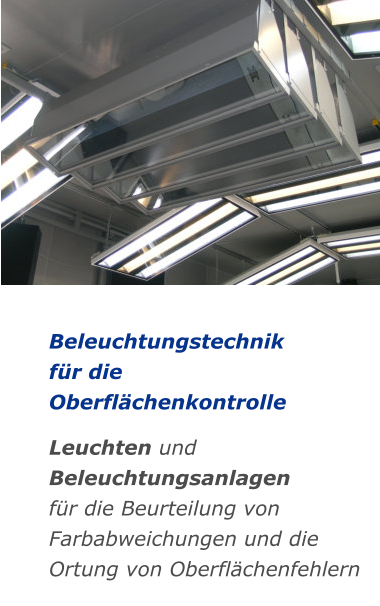 Beleuchtungstechnik  für die  Oberflächenkontrolle  Leuchten und Beleuchtungsanlagen für die Beurteilung von Farbabweichungen und die Ortung von Oberflächenfehlern