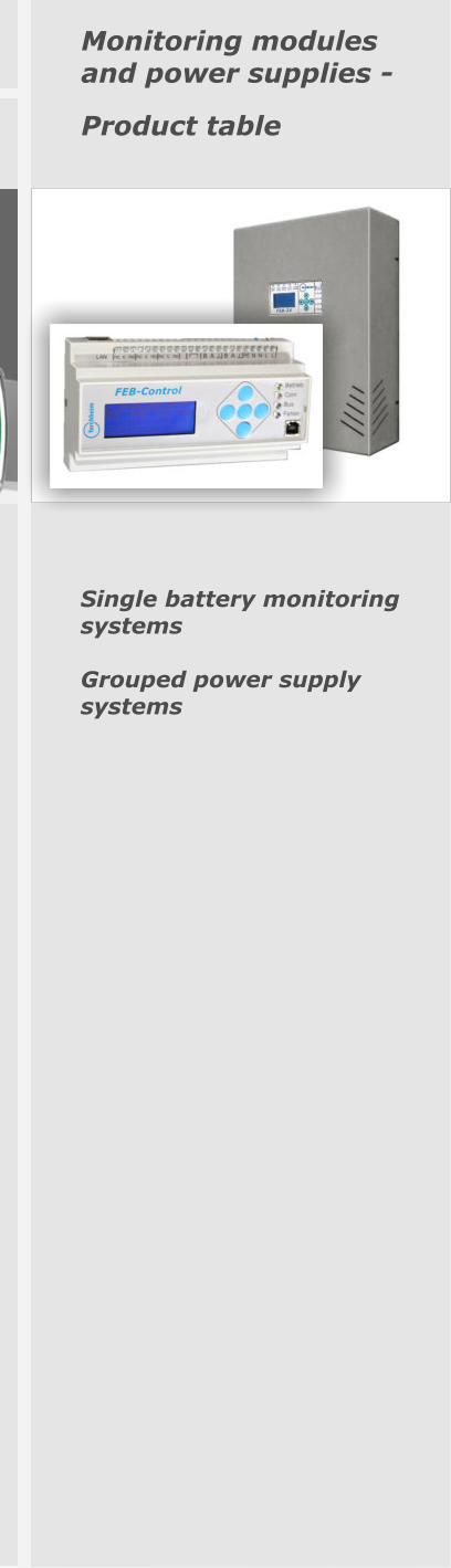 Monitoring modules  and power supplies -  Product table Single battery monitoring systems   Grouped power supply systems